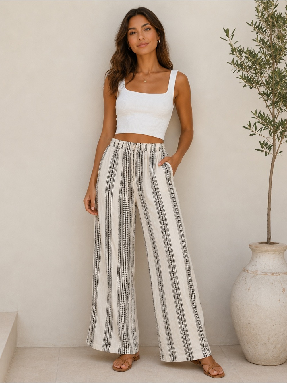 Rolla Coster Cream Wide Leg Embroidered Linen Striped Pants